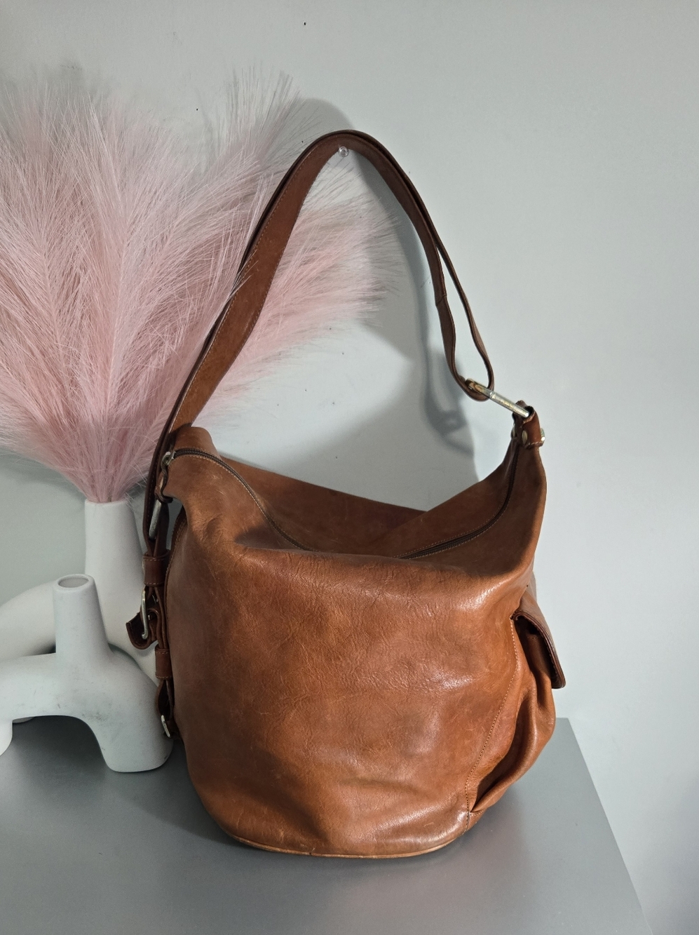 VTG Marino Orlandi Italian Leather Convertible Bucket Sling Bag - Cognac Brown​